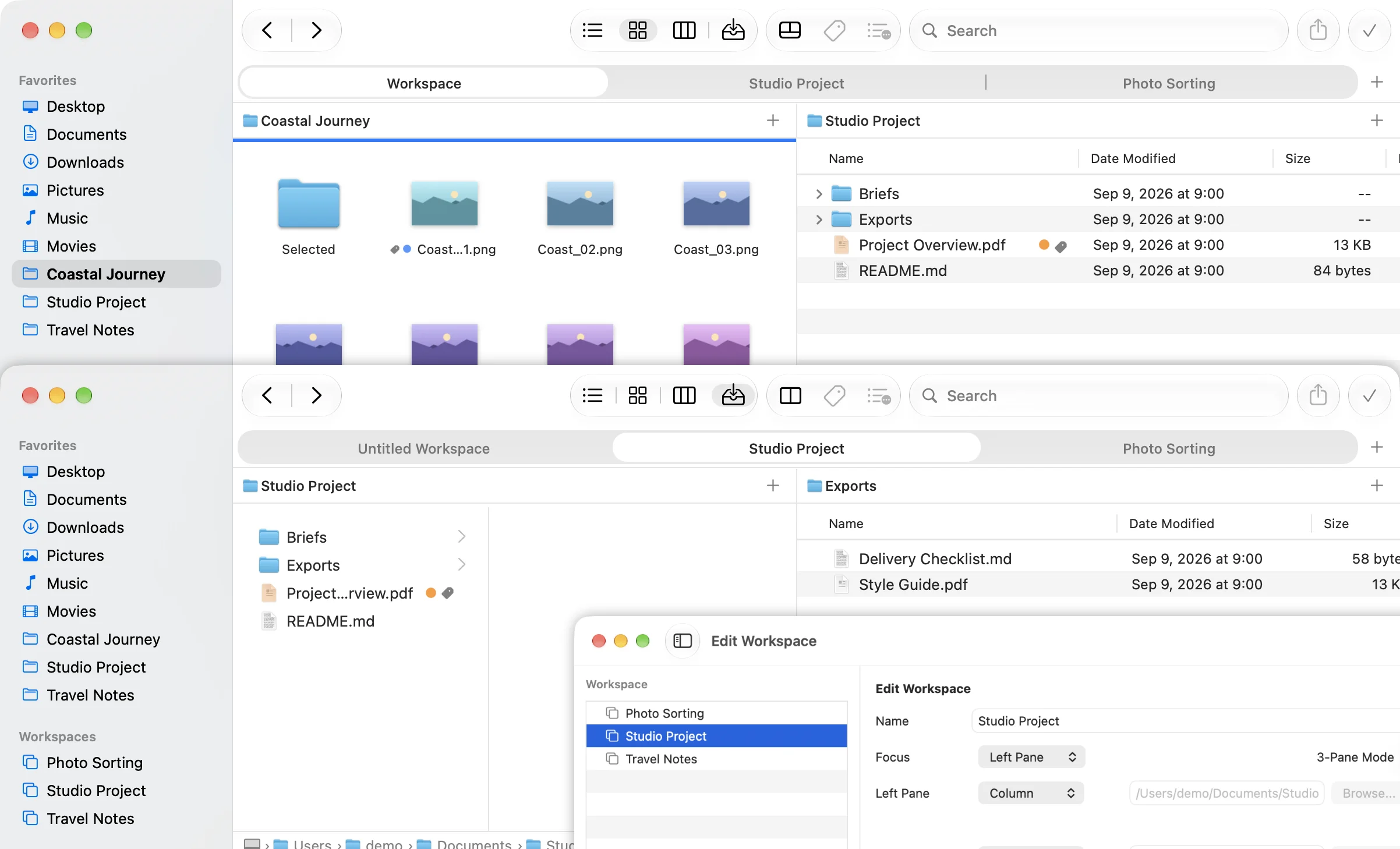 Switching saved workspaces and editing workspace settings
