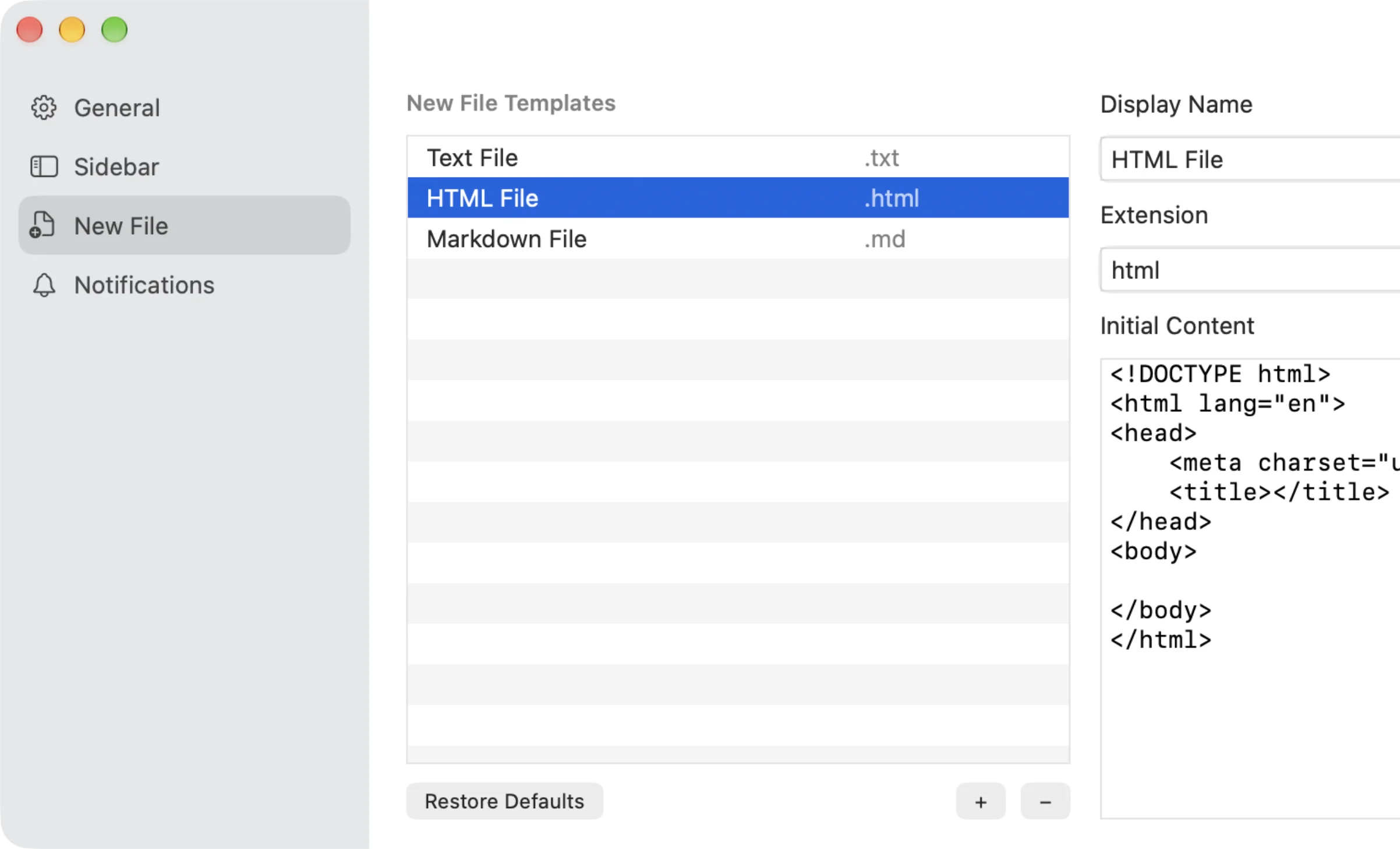 New File Templates settings with a file extension and initial content