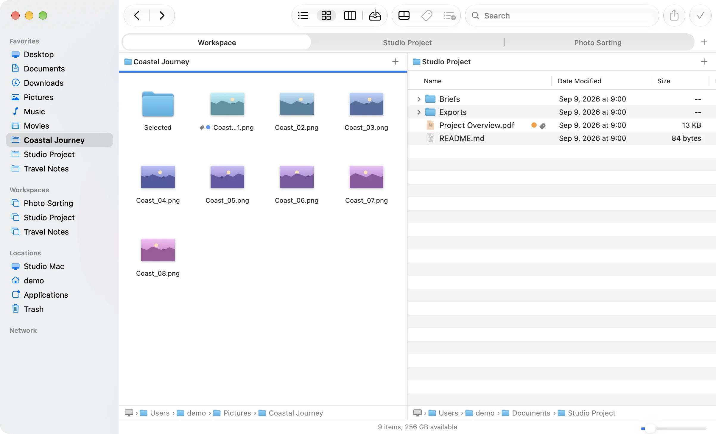 FineFinder showing photo and project folders side by side, with saved workspaces ready to switch